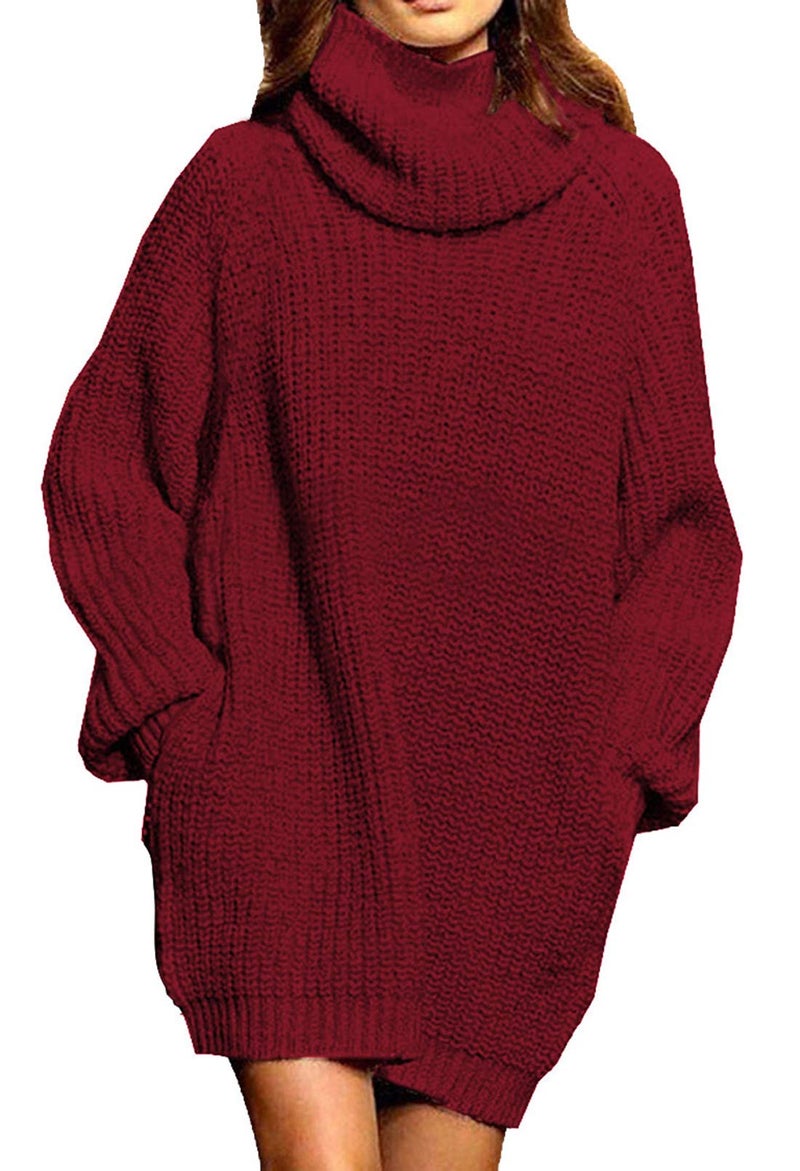 Pink Queen Women's Loose Turtleneck Oversize Long Pullover Sweater Dress Wine Red XL - Image 1